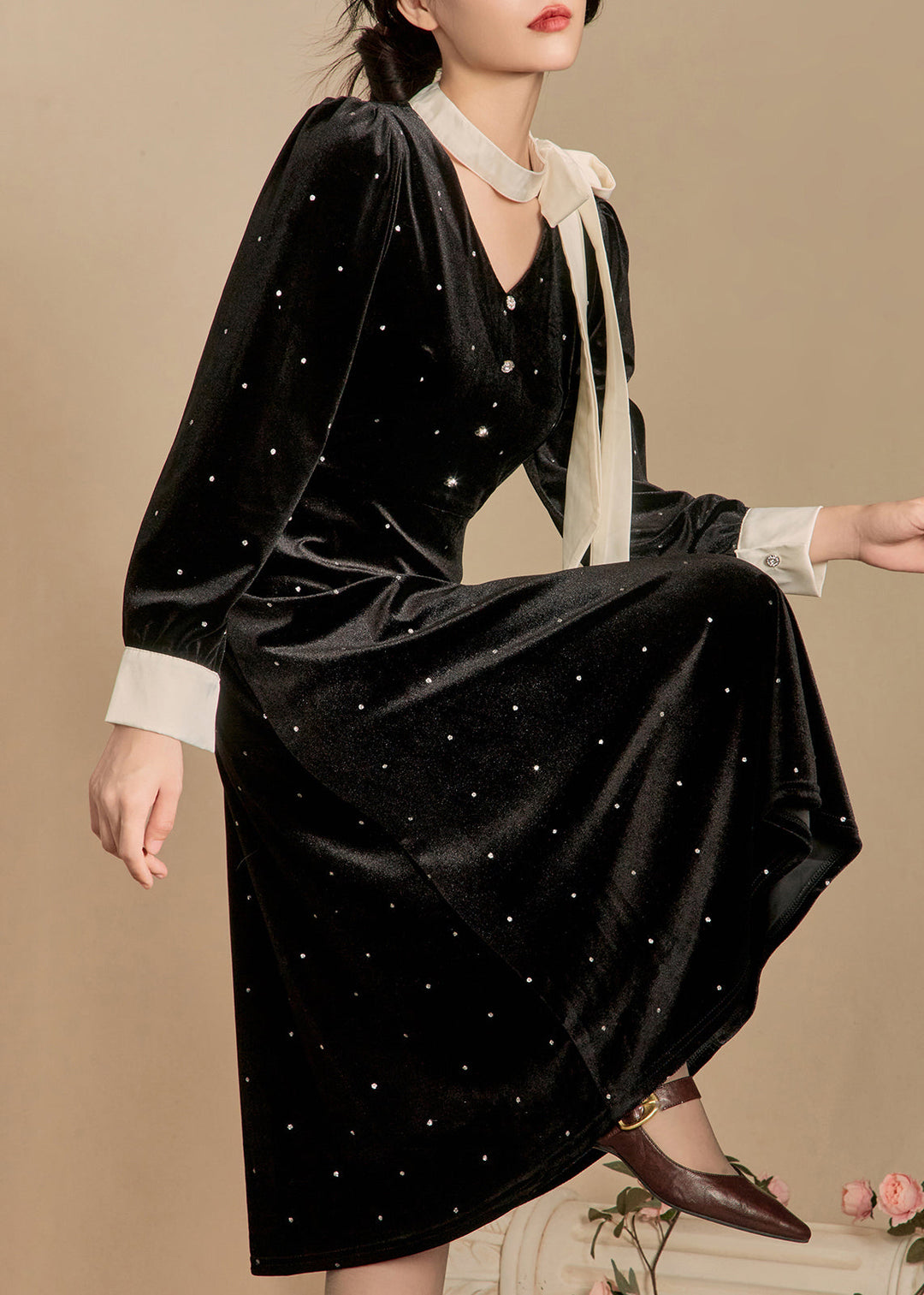 French Black Bow Dot Silk Velvet Long Dress Winter