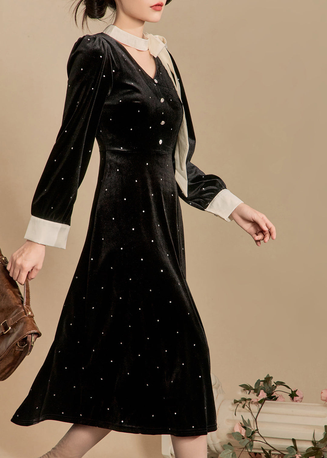 French Black Bow Dot Silk Velvet Long Dress Winter