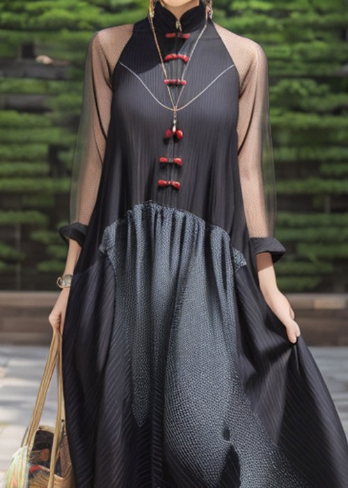 French Black Button Patchwork Silk Maxi Dresses Fall