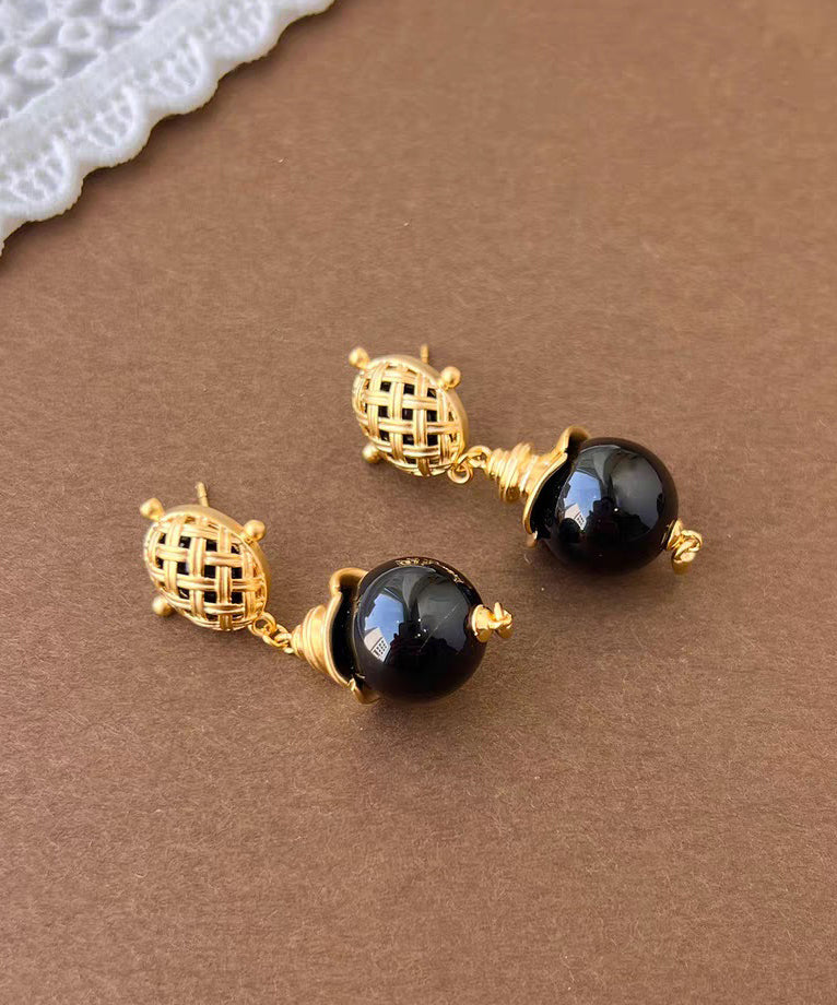 French Black Copper Alloy Gem Stone Enamel Drop Earrings