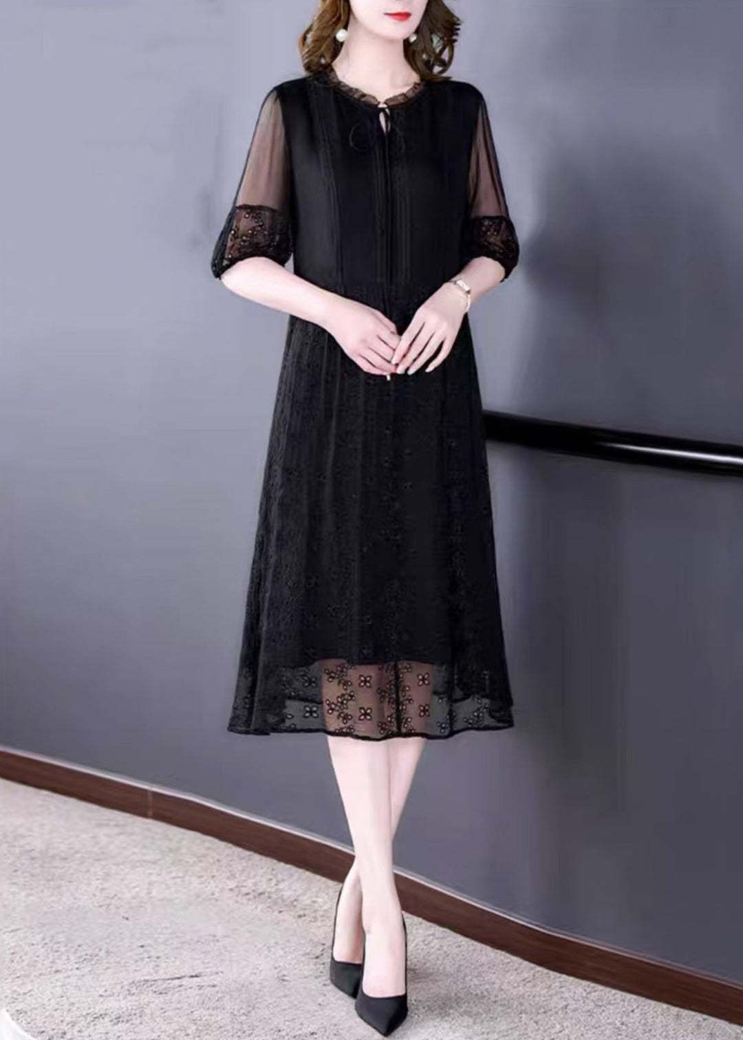 French Black Embroidered Lace Up Silk Cotton Long Dresses Summer