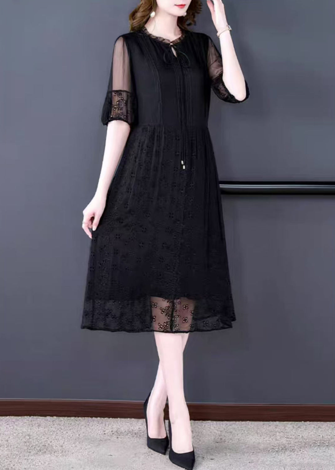 French Black Embroidered Lace Up Silk Cotton Long Dresses Summer