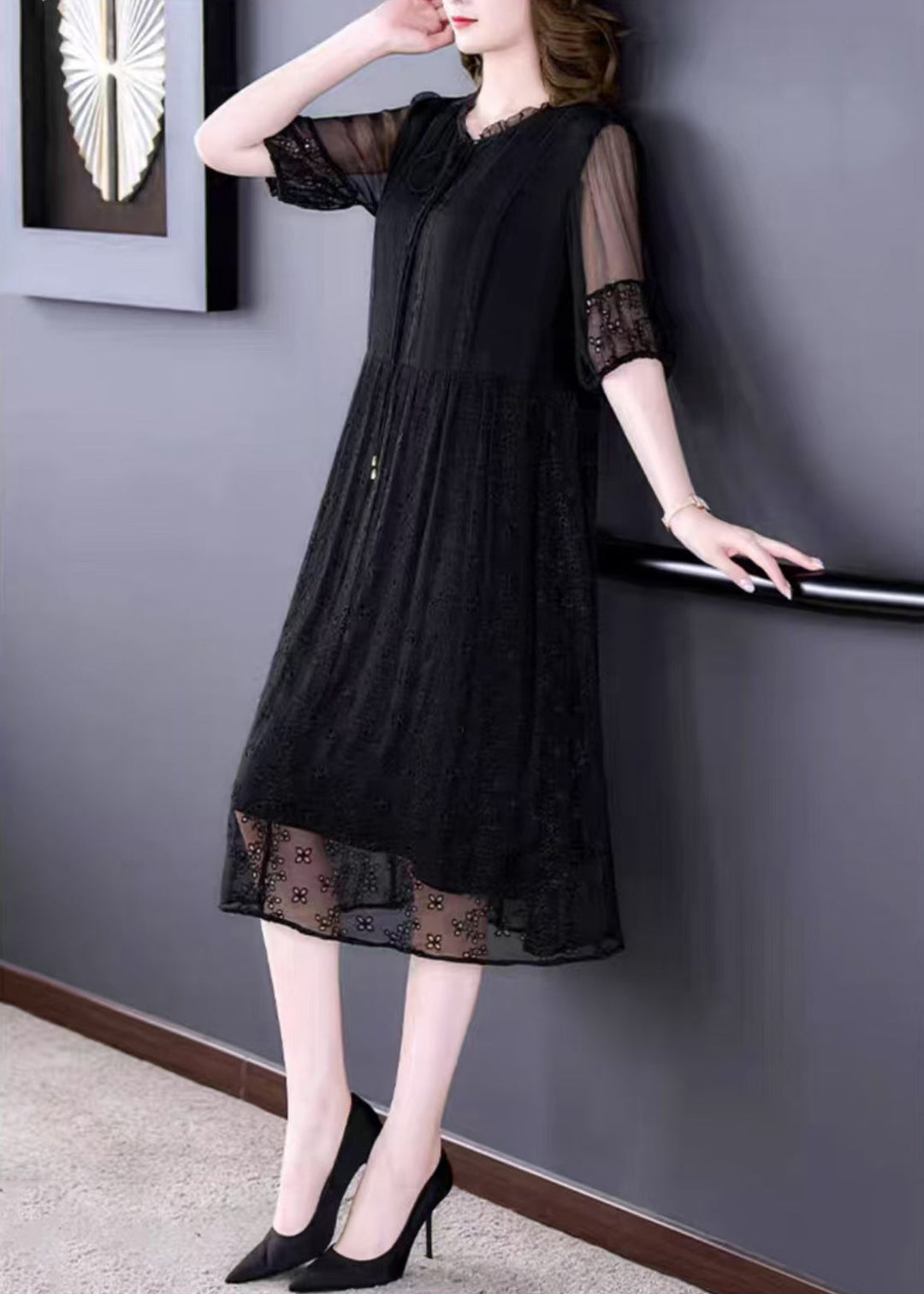 French Black Embroidered Lace Up Silk Cotton Long Dresses Summer