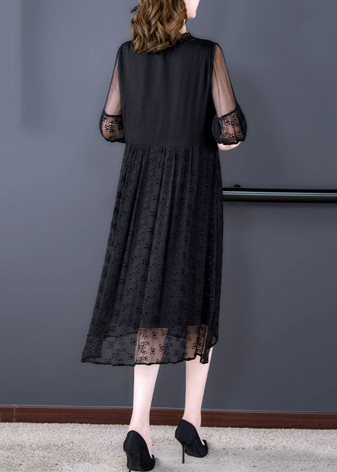 French Black Embroidered Lace Up Silk Cotton Long Dresses Summer