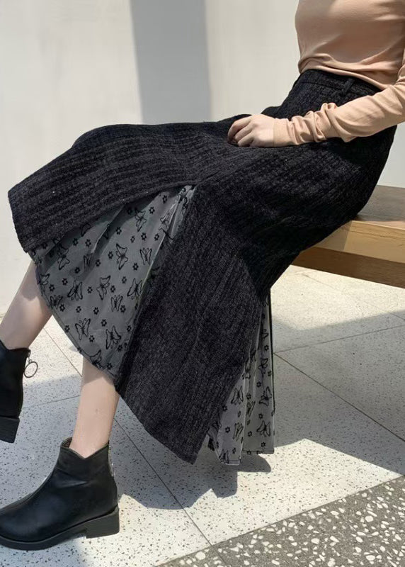 French Black High Waist Patchwork Cotton Skirts Spring