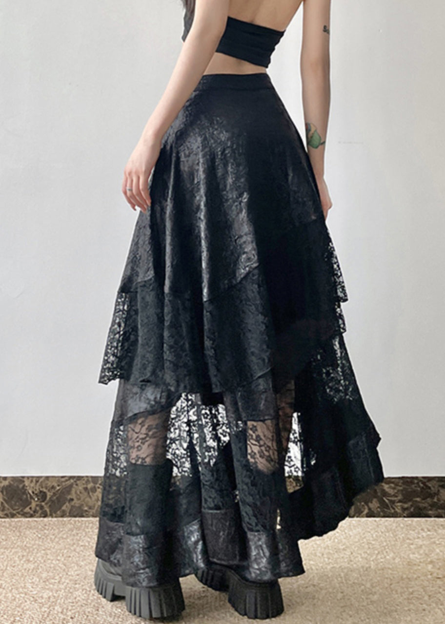 French Black High Waist Patchwork Lace Skirts Summer