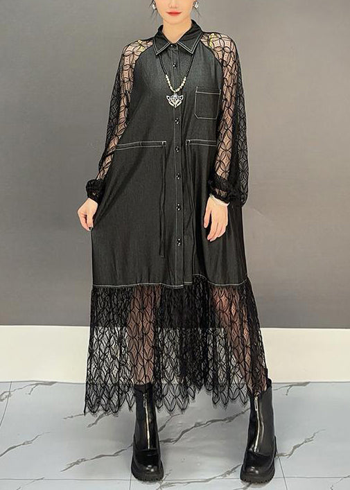 French Black Hollow Out Lace Patchwork Shirts Dress Fall