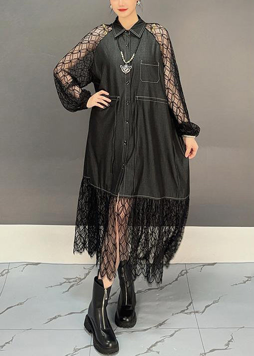 French Black Hollow Out Lace Patchwork Shirts Dress Fall