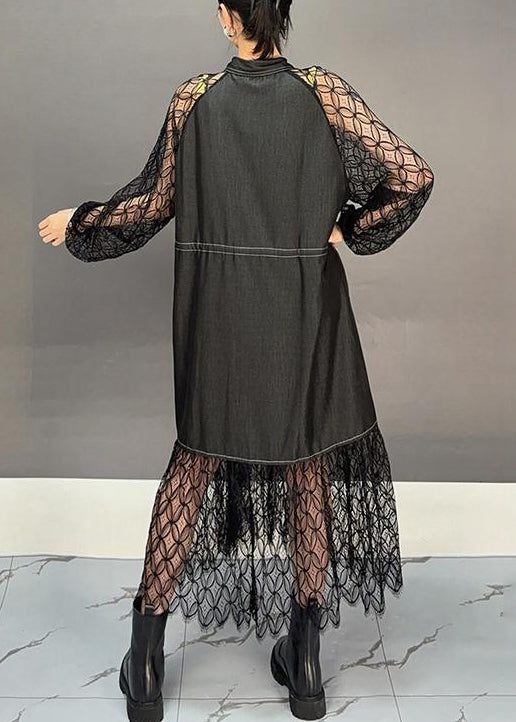 French Black Hollow Out Lace Patchwork Shirts Dress Fall