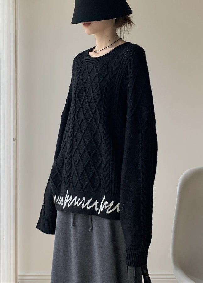 French Black O-Neck Letter Cable Knit Sweaters Winter