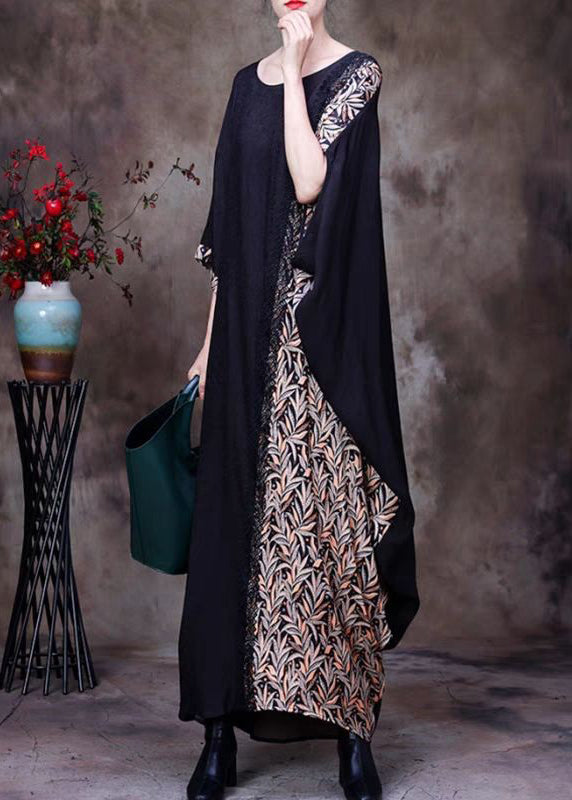 French Black O Neck Print Patchwork Silk Long Dresses Half Sleeve