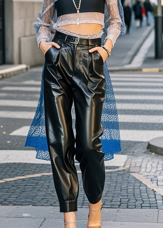 French Black Oversized Pockets Faux Leather Pants Fall