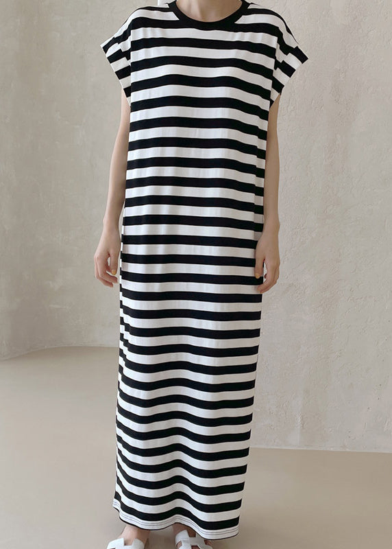 French Black Oversized Striped Cotton Long Dress Summer