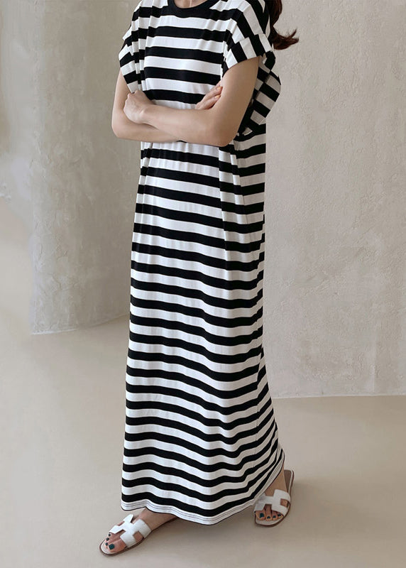 French Black Oversized Striped Cotton Long Dress Summer