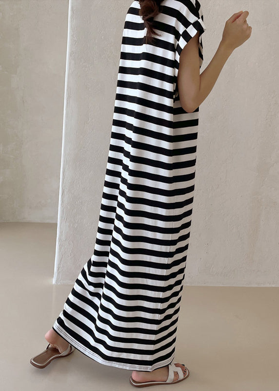 French Black Oversized Striped Cotton Long Dress Summer