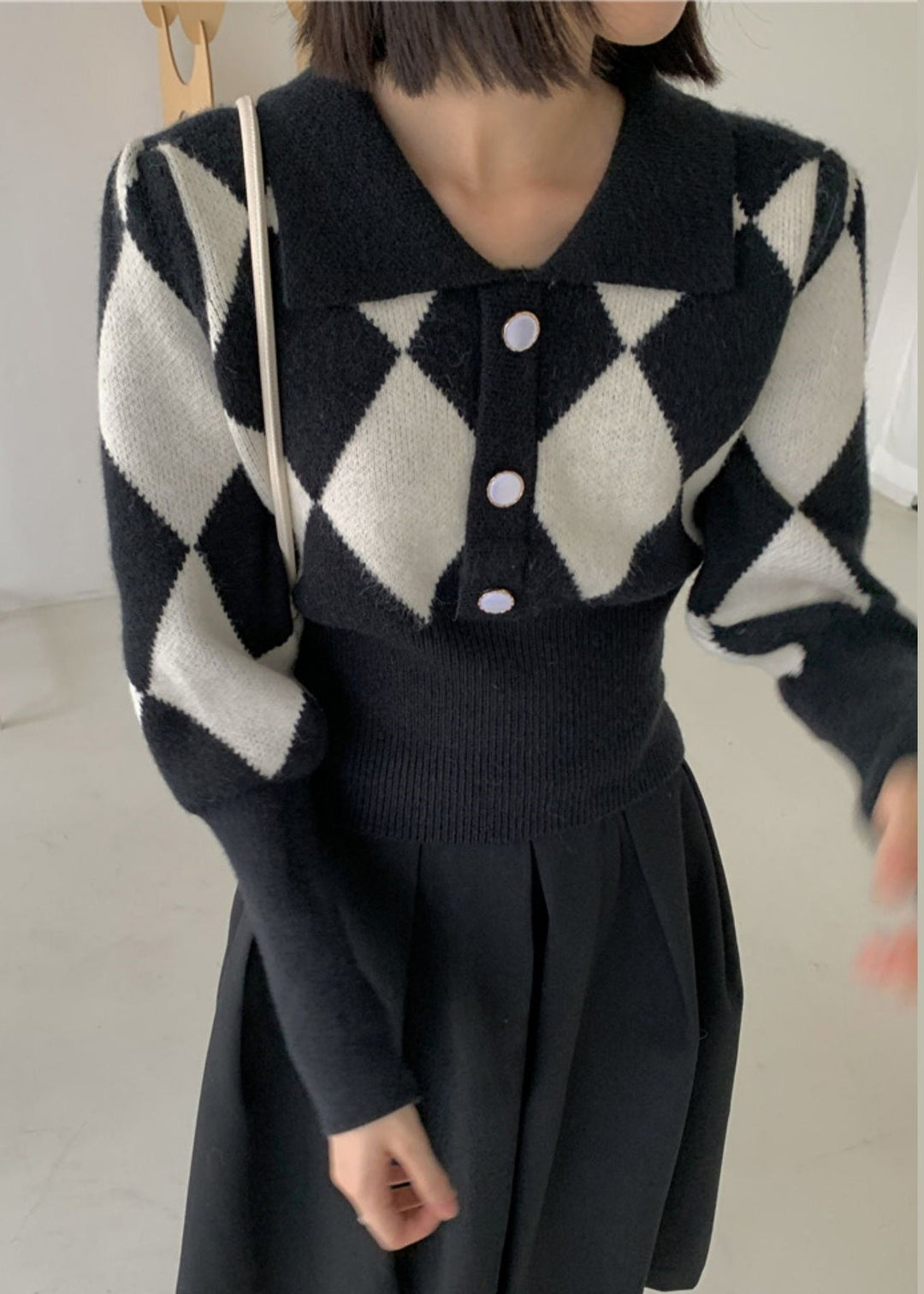 French Black Peter Pan Collar Plaid Knit Sweaters Fall