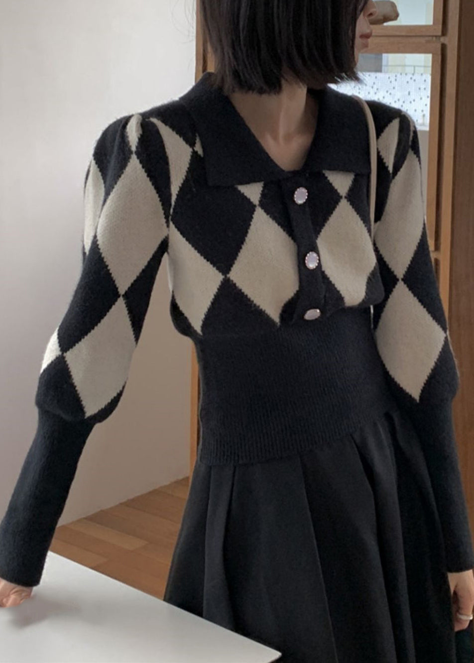 French Black Peter Pan Collar Plaid Knit Sweaters Fall