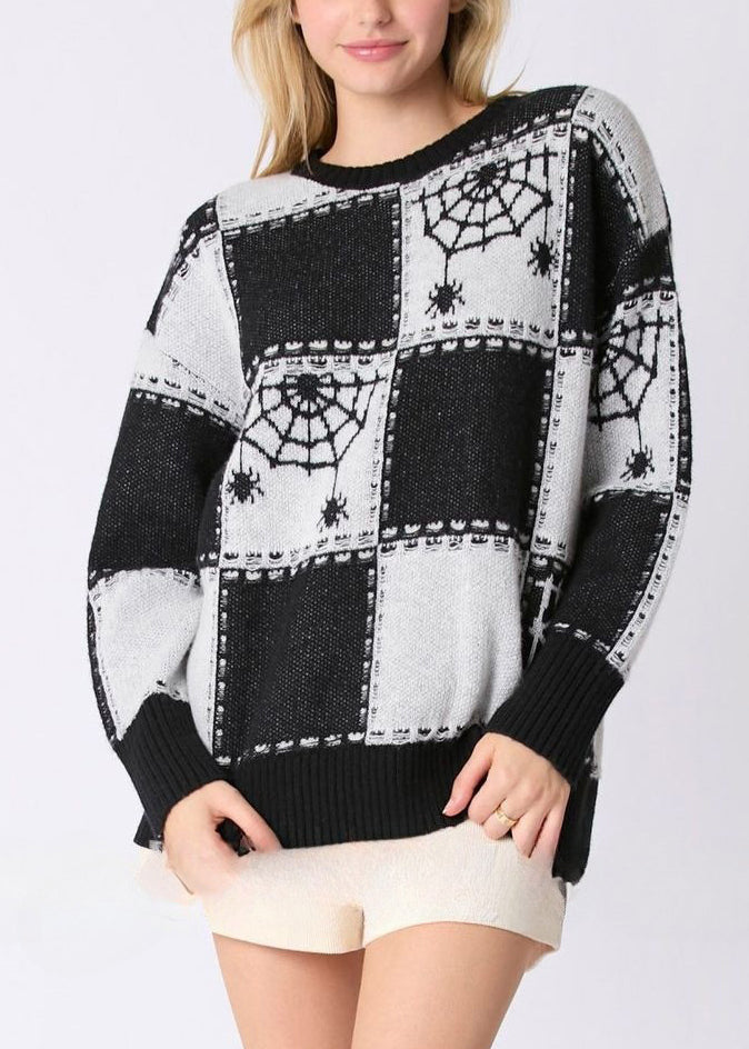 French Black Plaid Cozy Patchwork Knit Sweater Fall