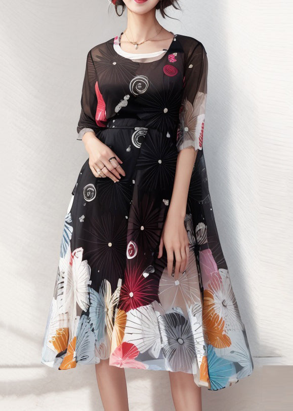 French Black Print Patchwork Silk Long Dresses Summer