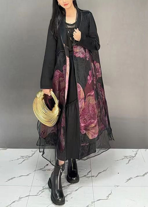 French Black Print Tulle Patchwork Long Coats Fall