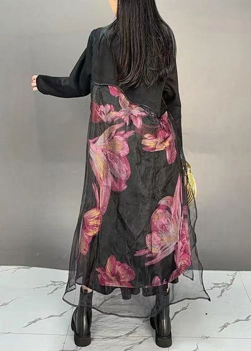 French Black Print Tulle Patchwork Long Coats Fall