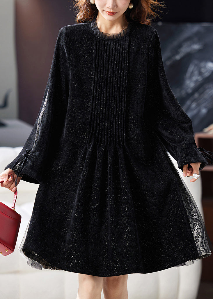 French Black Ruffled Tulle Patchwork Mid Dress Flare Sleeve