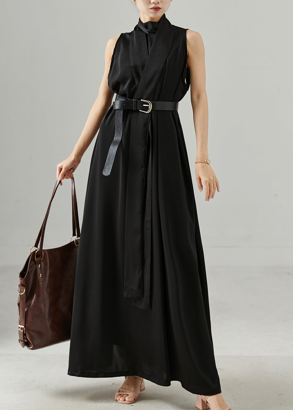 French Black Stand Collar Tie Waist Robe Dresses Sleeveless