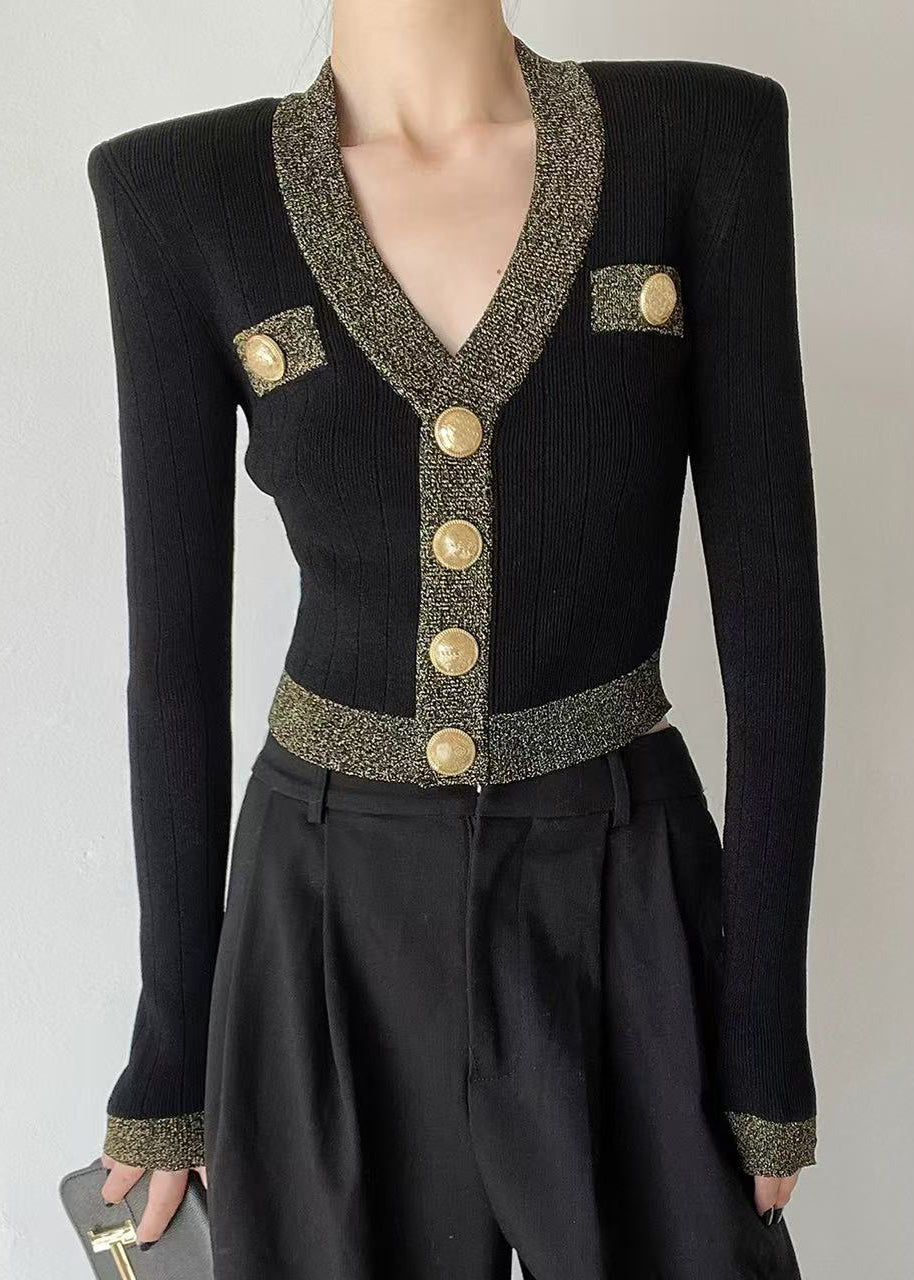 French Black V Neck Button Short Woolen Cardigan Spring