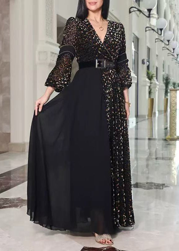 French Black V Neck Leopard Tulle Patchwork Maxi Dresses Long Sleeve