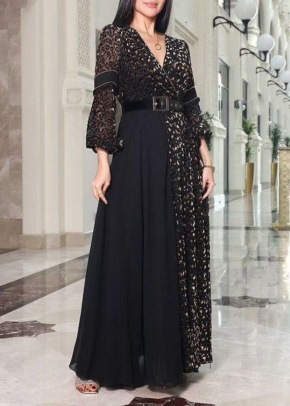 French Black V Neck Leopard Tulle Patchwork Maxi Dresses Long Sleeve