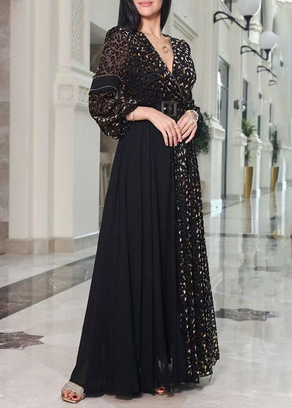 French Black V Neck Leopard Tulle Patchwork Maxi Dresses Long Sleeve