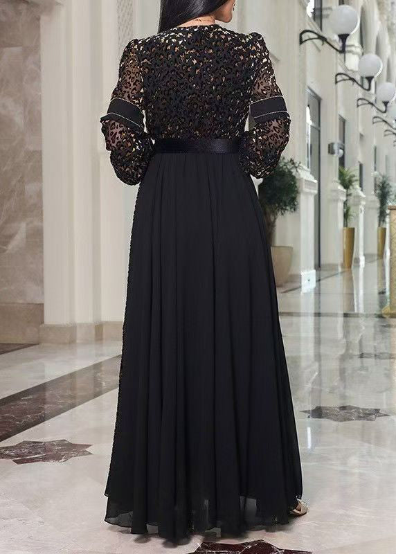 French Black V Neck Leopard Tulle Patchwork Maxi Dresses Long Sleeve