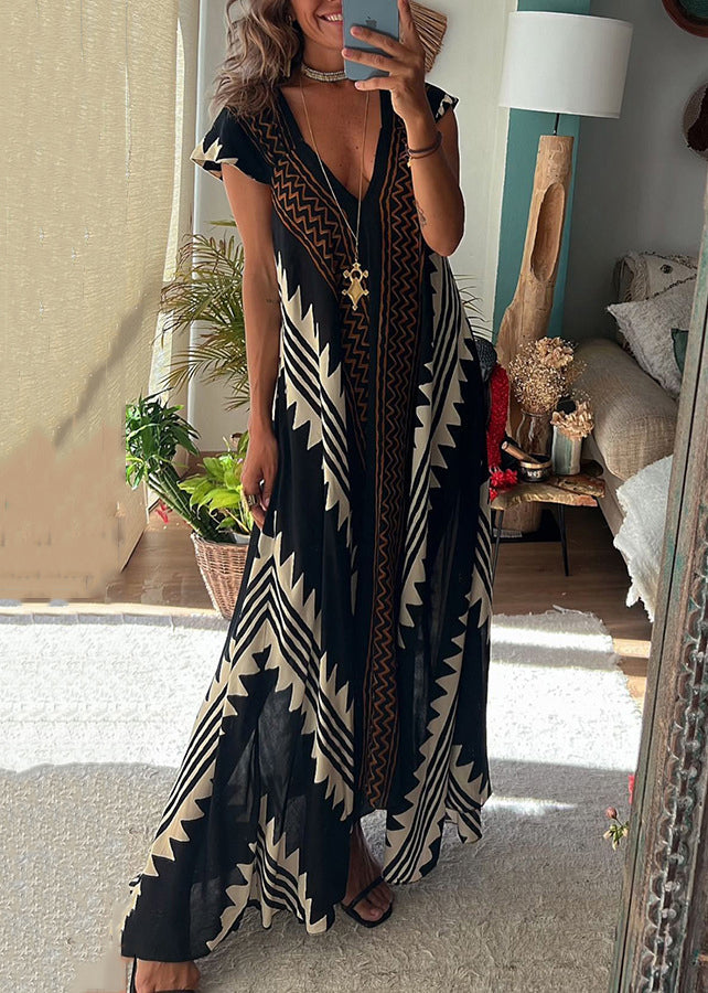 French Black V Neck Patchwork Chiffon Dress Summer