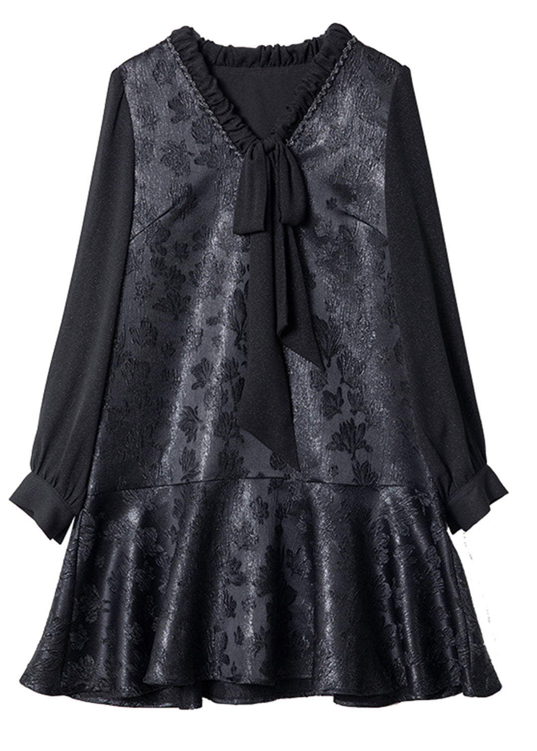 French Black V Neck Ruffled Bow Silk Vacation Mid Dresses Spring