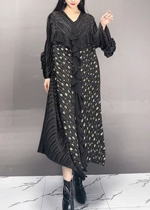 French Black Wrinkled Print Patchwork Cotton Long Dress Fall