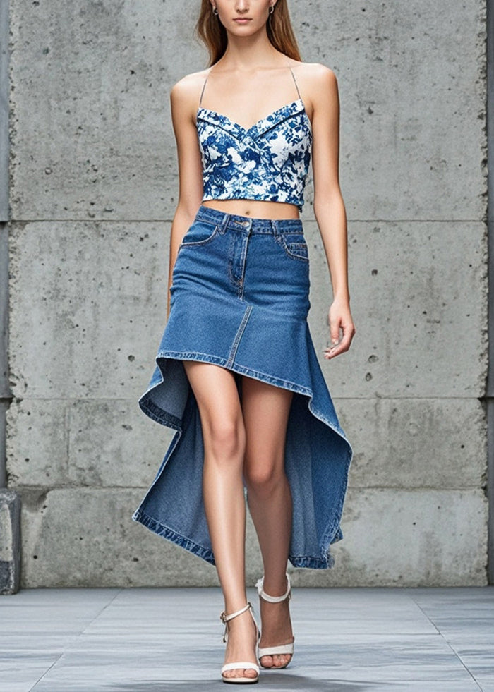 French Blue Asymmetrical Denim Skirts Summer