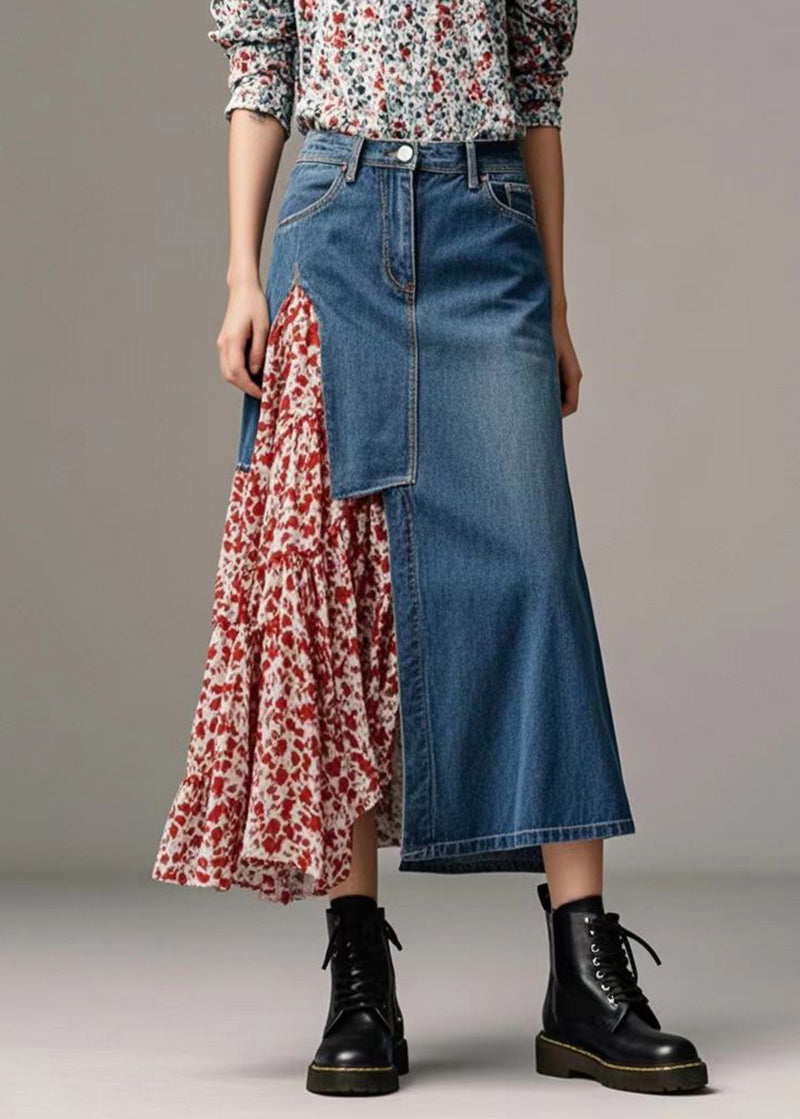 French Blue Asymmetrical Patchwork Denim Skirt Spring