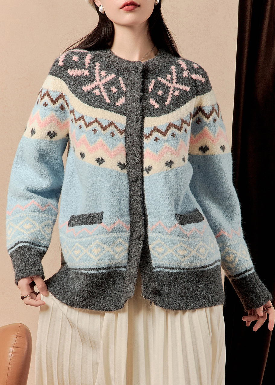 French Blue Button Patchwork Knit Cardigans Winter