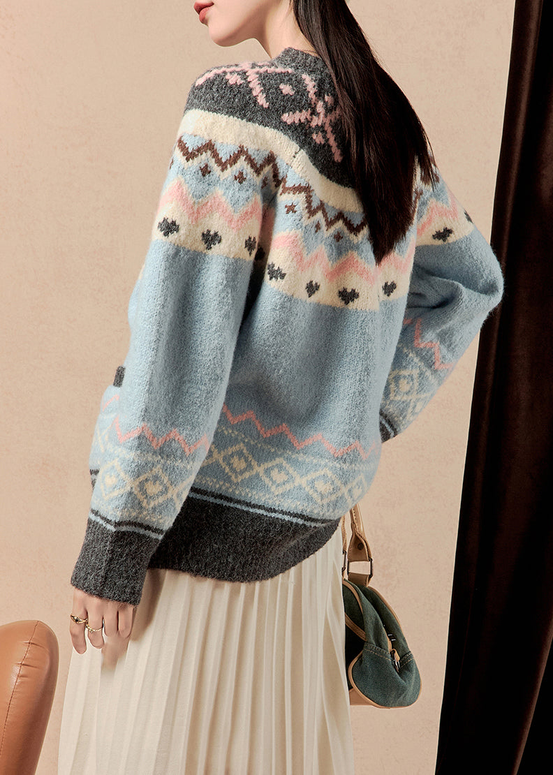 French Blue Button Patchwork Knit Cardigans Winter