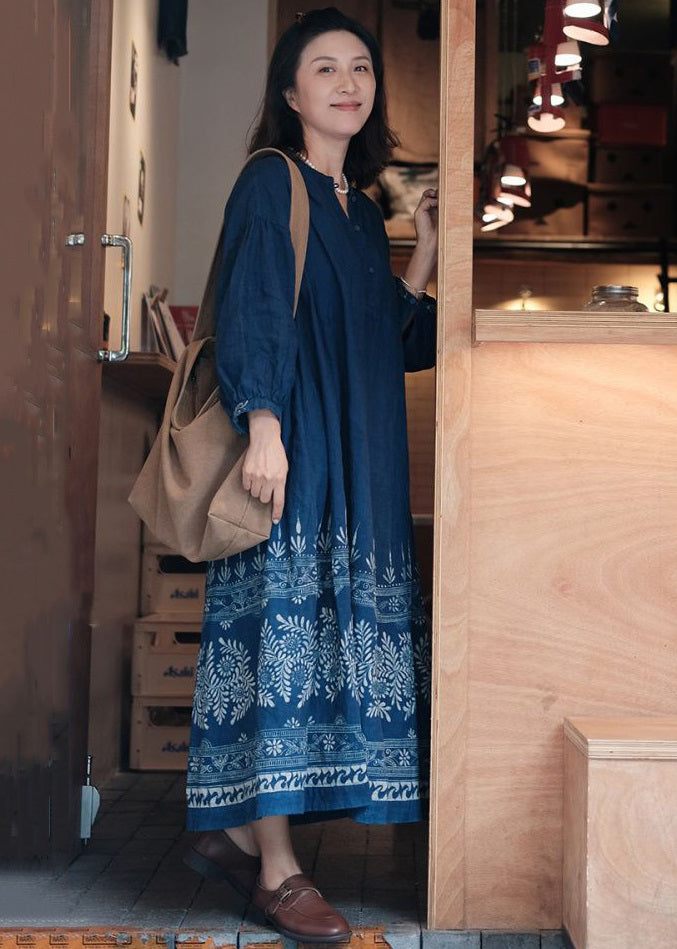 French Blue Button Print Maxi Dresses Long Sleeve