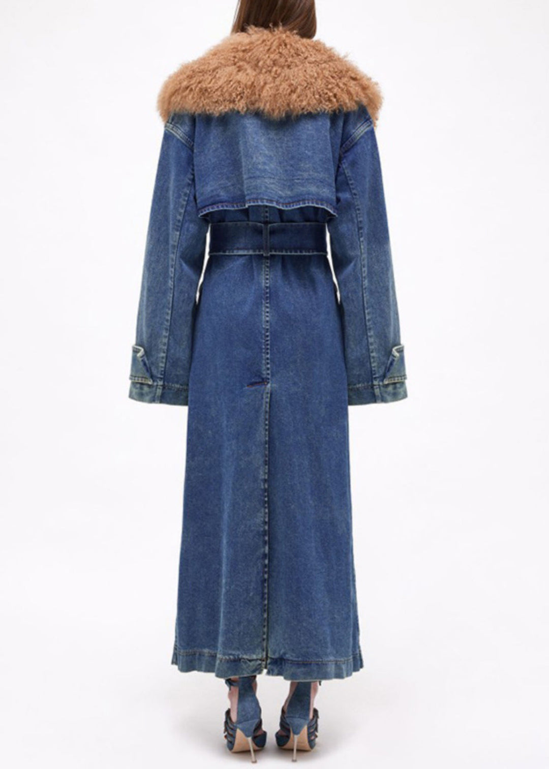 French Blue Fur Collar Tie Waist Denim Long Coats Winter