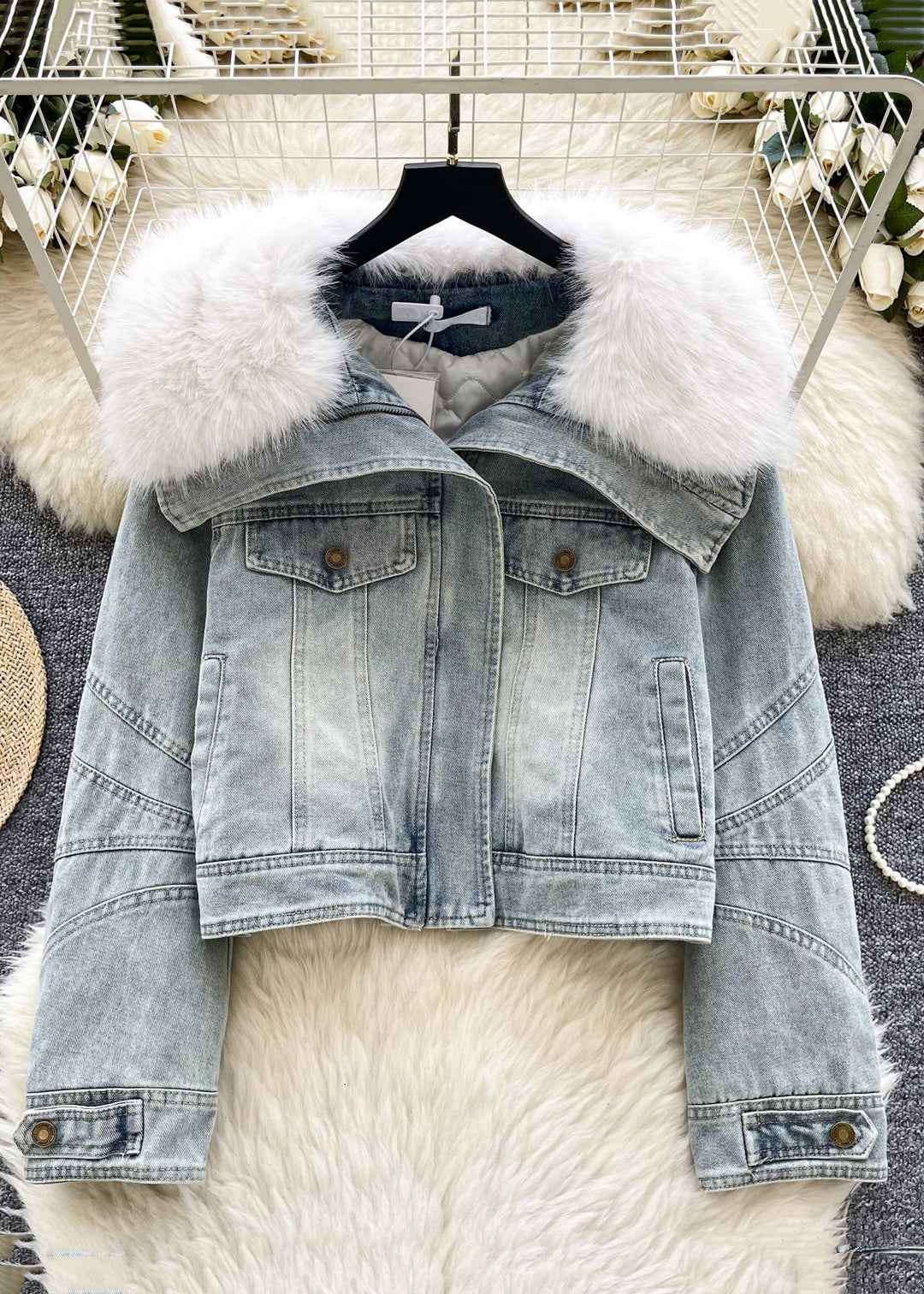 French Blue Fur Collar Zippered Thick Denim Coat Winter