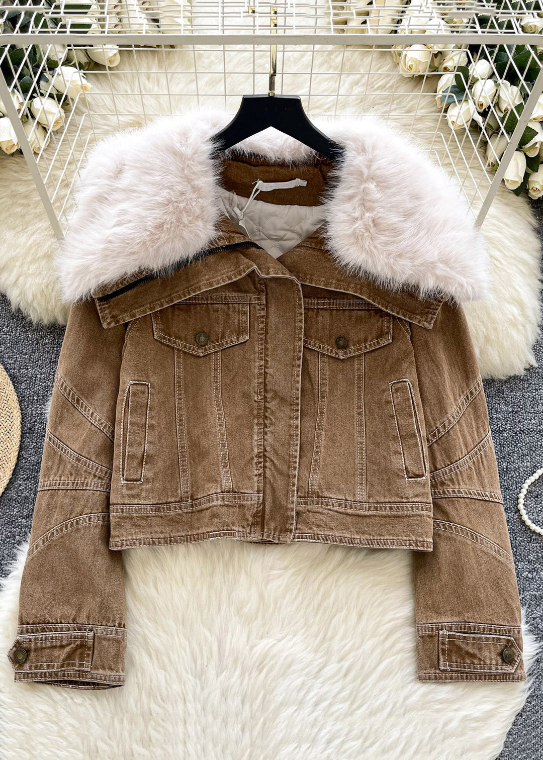 French Blue Fur Collar Zippered Thick Denim Coat Winter