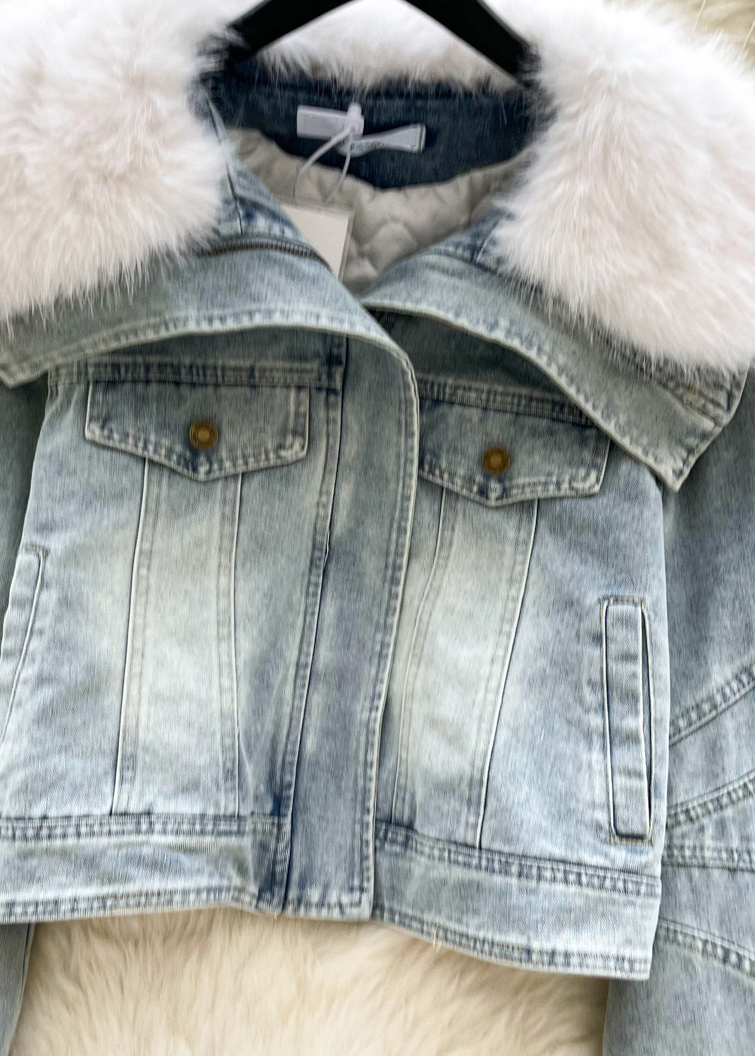 French Blue Fur Collar Zippered Thick Denim Coat Winter