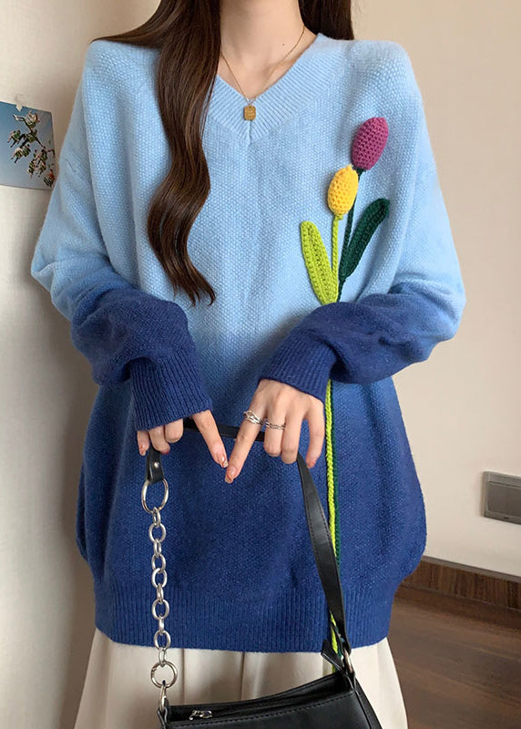 French Blue Gradient V Neck Floral Decorated Knitted Sweaters Winter