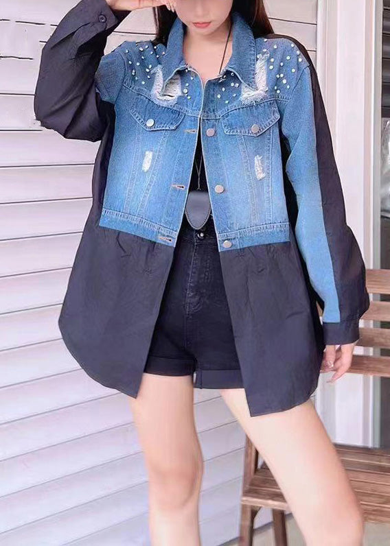 French Blue Hole Button Patchwork Denim Coats Fall