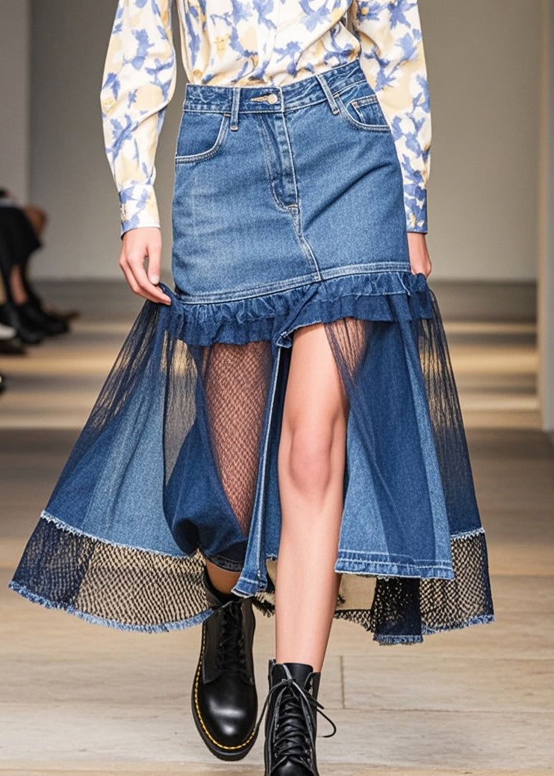 French Blue Hollow Out Patchwork Denim Skirt Summer