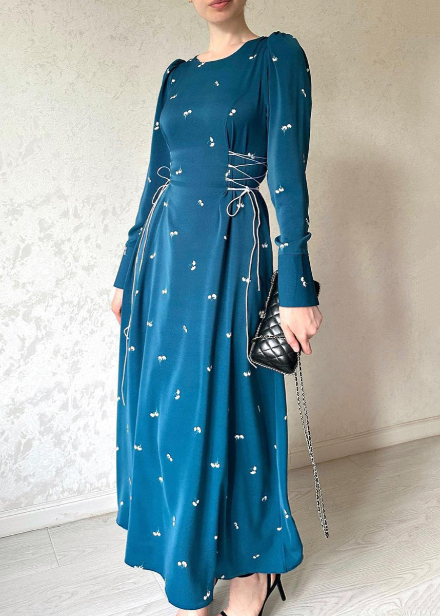 French Blue Lace Up Print Cotton Long Dresses Fall