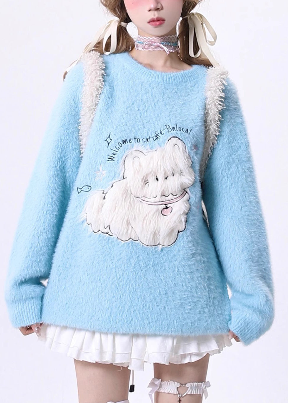 French Blue O Neck Cartoon Ma Hai Mao Knit Sweaters Spring