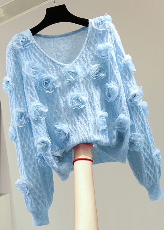 French Blue O-Neck Floral Zircon Cotton Knit Sweater